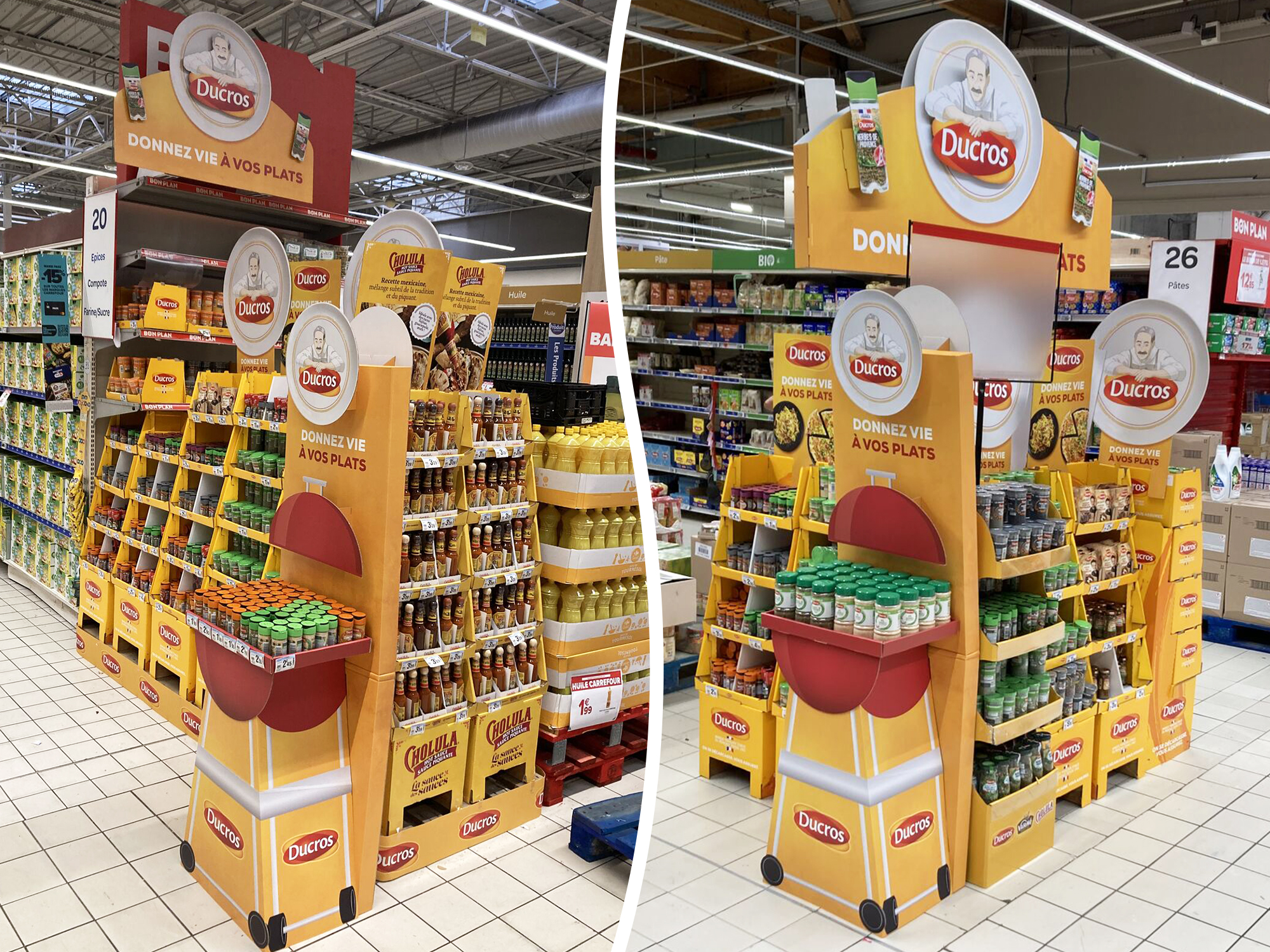 Ducros Temps Fort BBQ 2025 pour la GMS théatralisation HM + avec PLV fronton sur mât, PLV barbecue, sur-fronton et habillage box