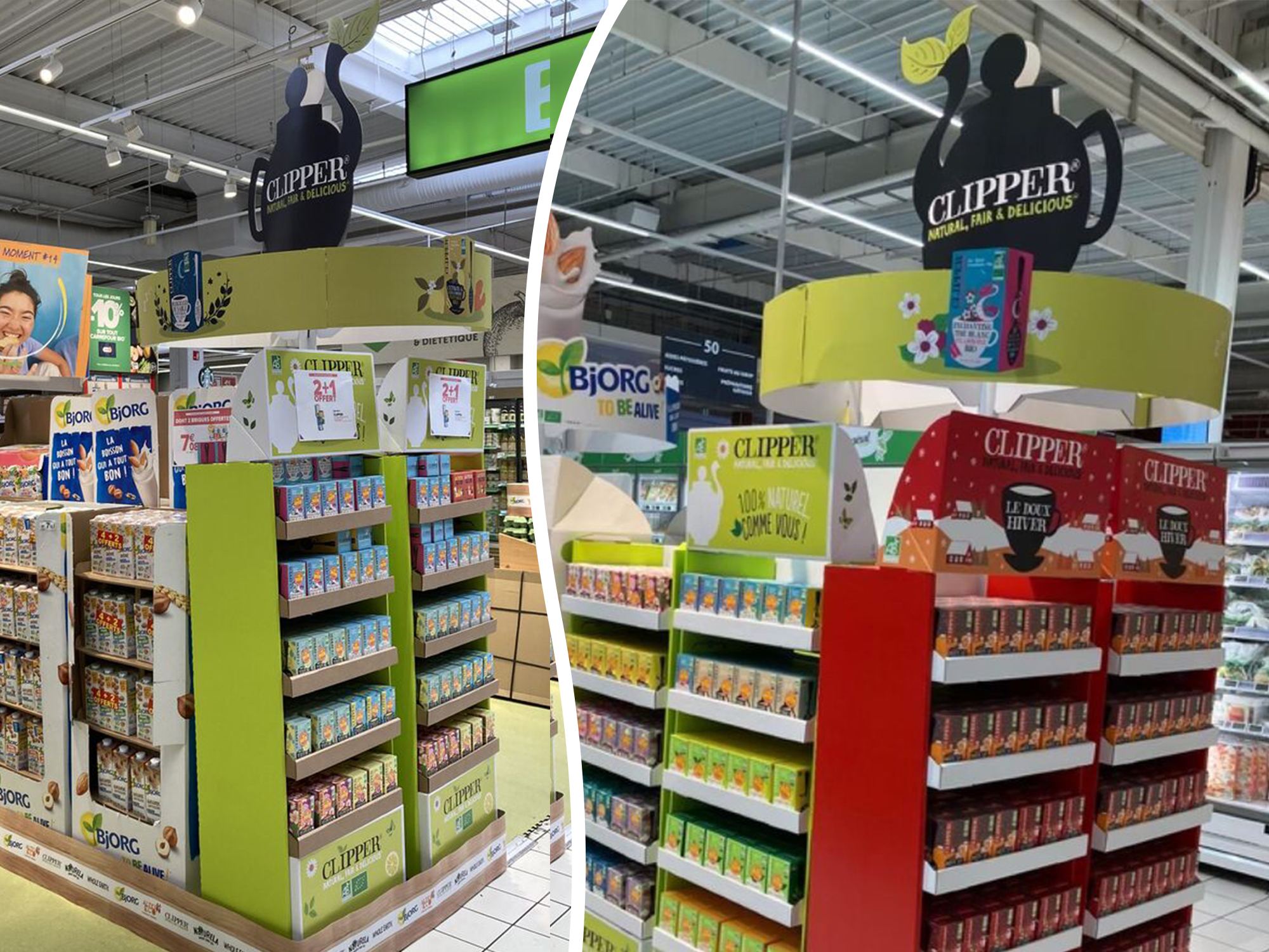 PLV Carrousel en GMS Clipper Temps Fort Printemps de la Bio