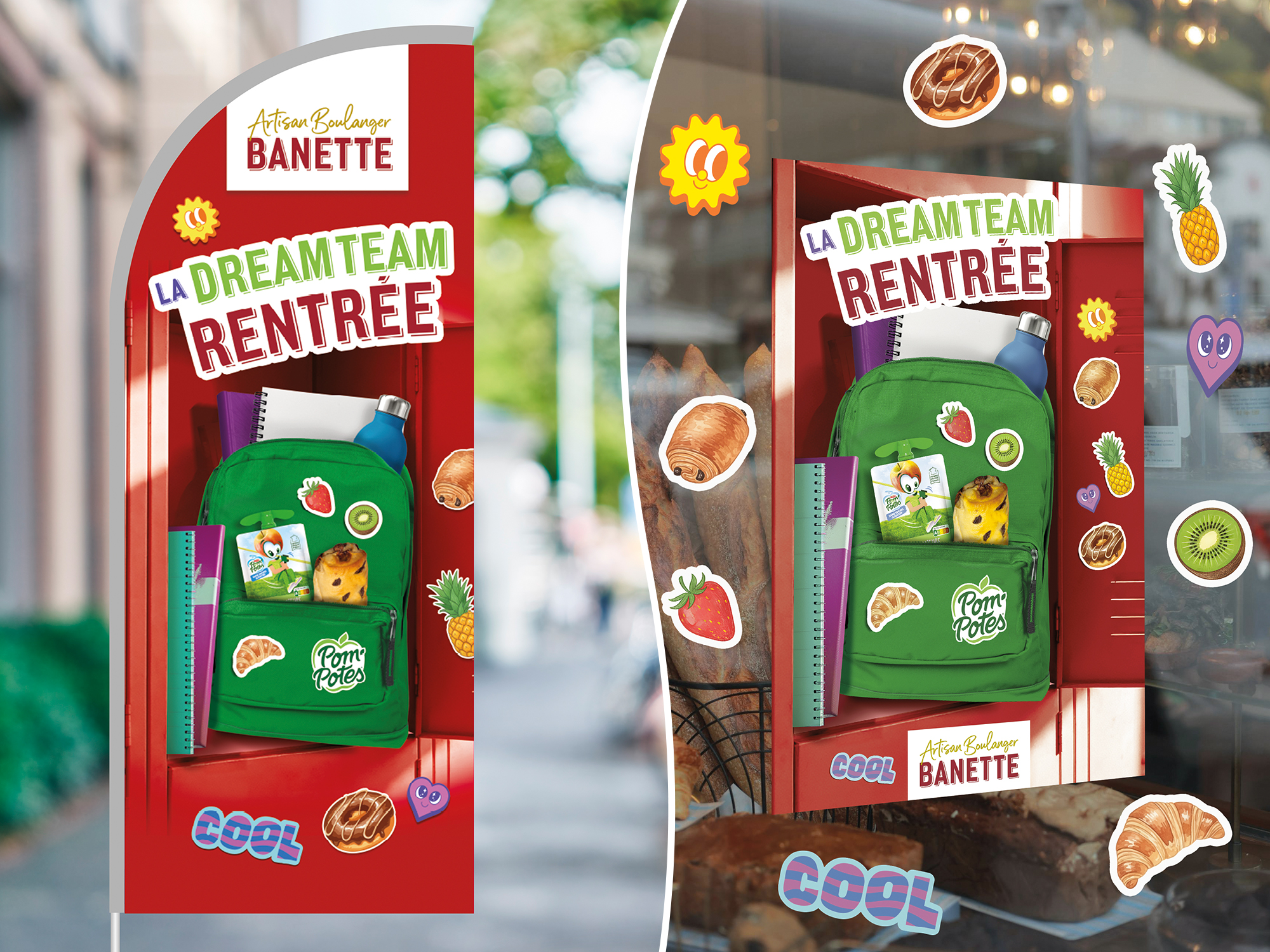 La dream team rentrée Partenariat Banette x Pom'Potes en boulangerie PLV oriflamme