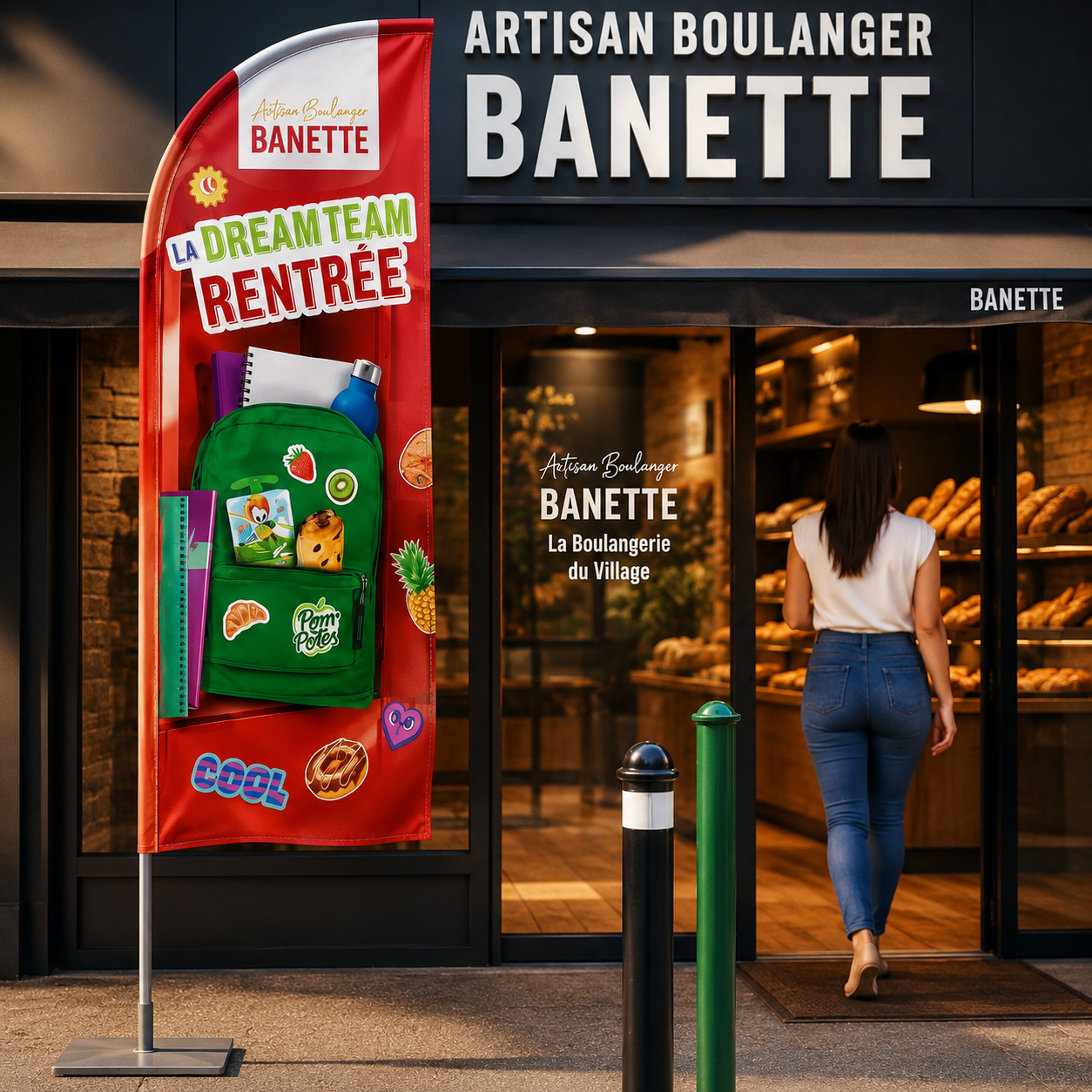 La dream team rentrée Partenariat Banette x Pom'Potes en boulangerie PLV oriflamme