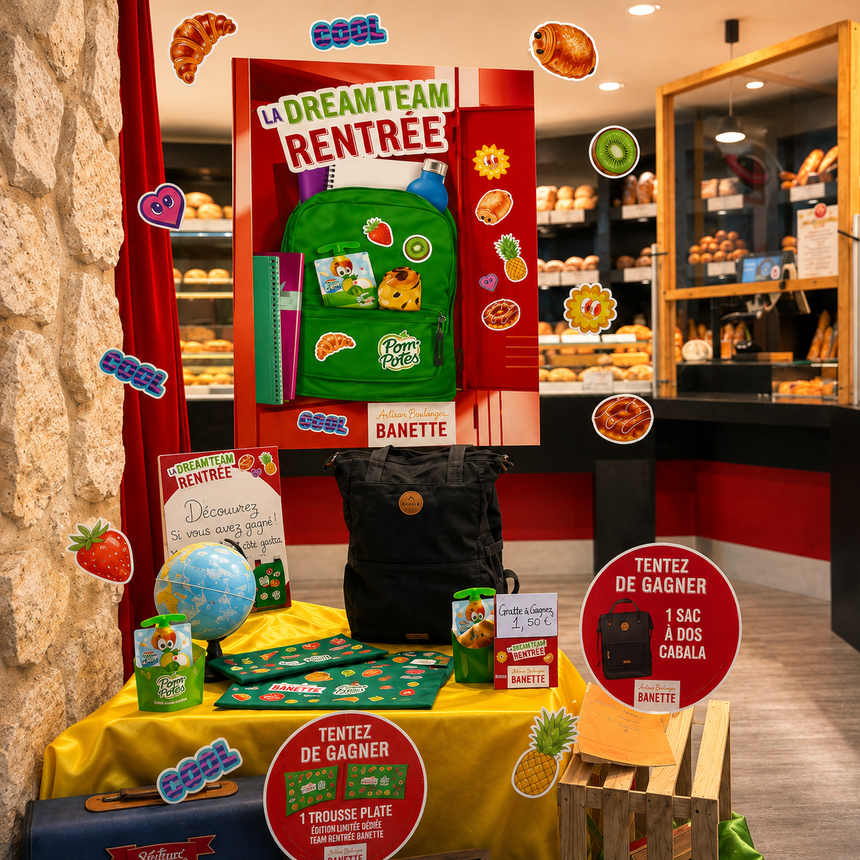 La dream team rentrée Partenariat Banette x Pom'Potes en boulangerie PLV vitrine