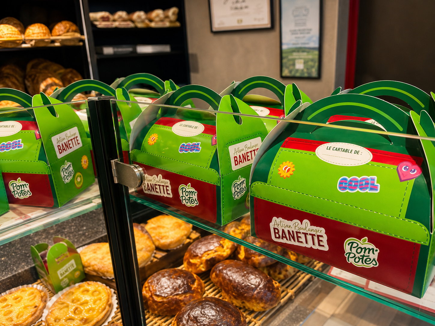 La dream team rentrée Partenariat Banette x Pom'Potes en boulangerie box cartable gouter