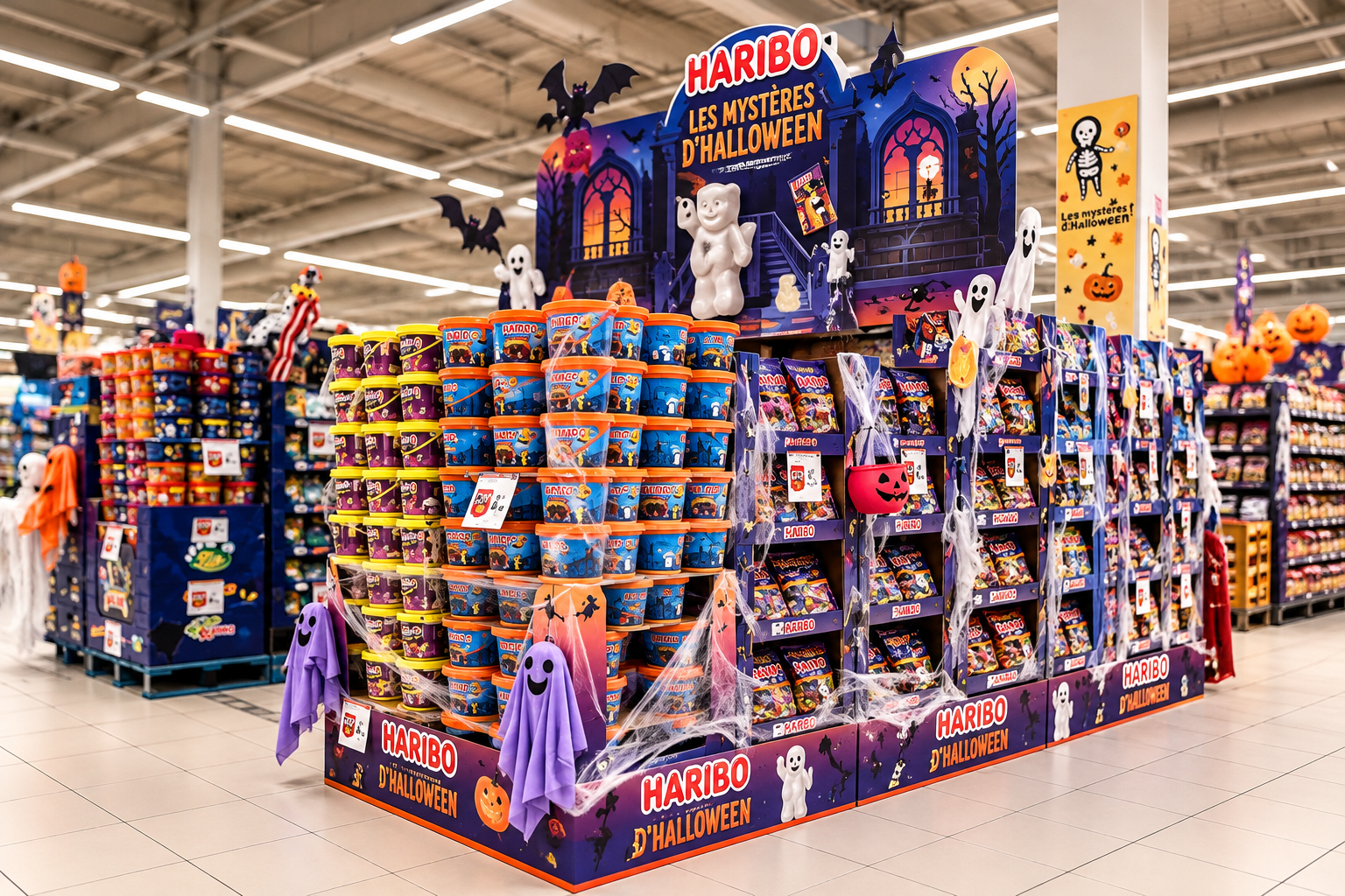 Rayon de bonbons d'Halloween mis en scène en magasin